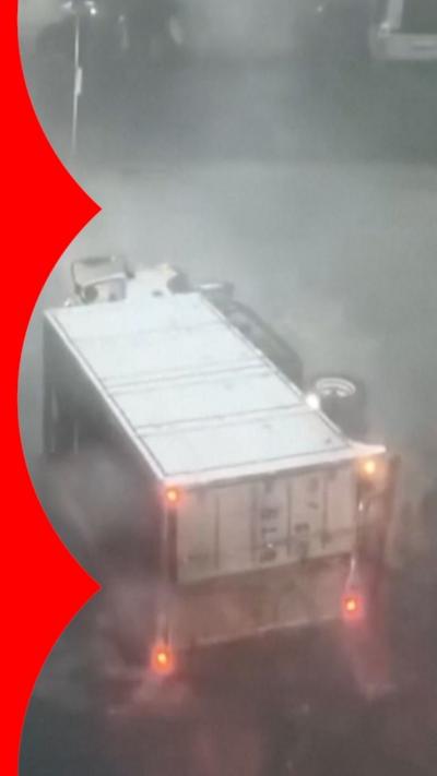 A lorry overturned on its side