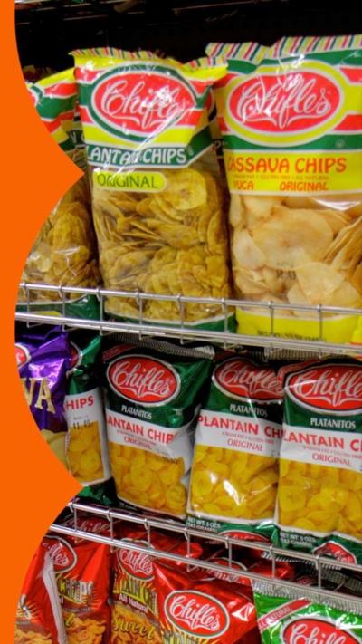 Packets of crisp-like snacks on a shop shelf