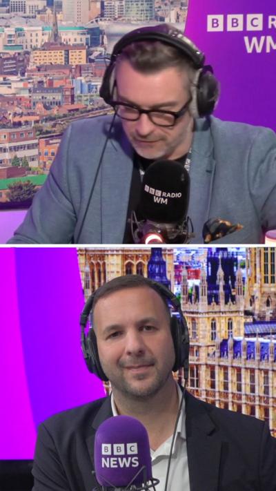 A composite of two men in radio studios. The top image is a man with glasses, headphones and a grey jacket. The bottom image is a man with a beard and dark jacket and white shirt