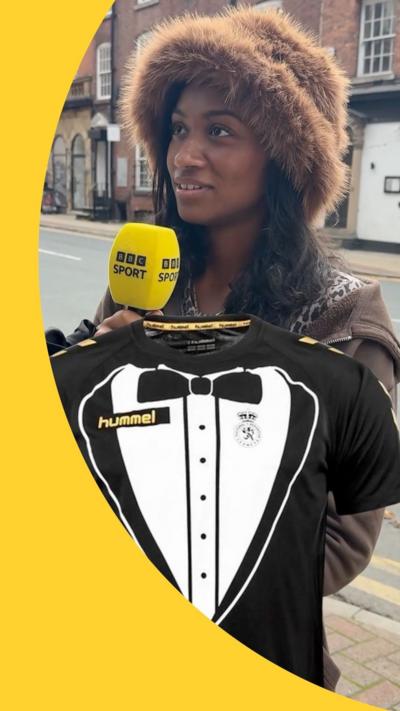 A woman holds a BBC Sport microphone; superimposed is an image of a football shirt with a dinner jacket and bow tie design