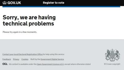 Website for gov.uk showing technical problems message