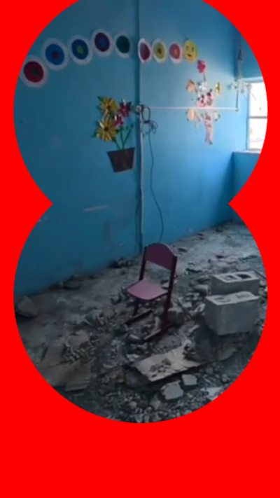 A chair in a destroyed classroom