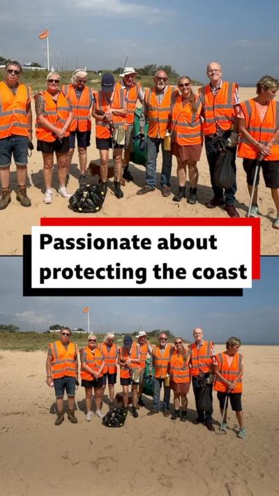 a group of litter pickers are wearing hi-vis vests and standing on a sunny beach