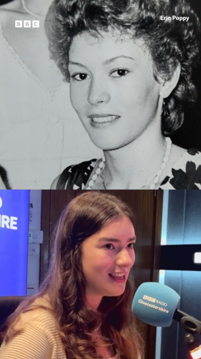 Erin Poppy sat in the BBC Radio Gloucestershire studio and an image of her grandmother.