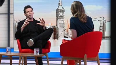 Hugh Jackman speaking to the BBC's Laura Kuenssberg