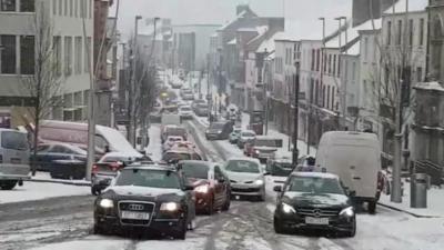 Traffic struggles through Omagh snow