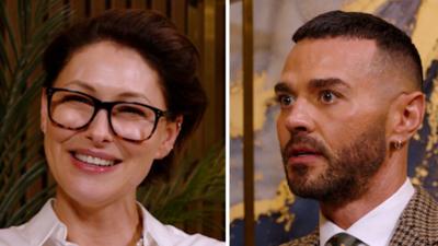 Splitscreen image showing Emma and Matt Willis. She has short brown hair and wers tortoise shell glasses. He has short hair and a beard.