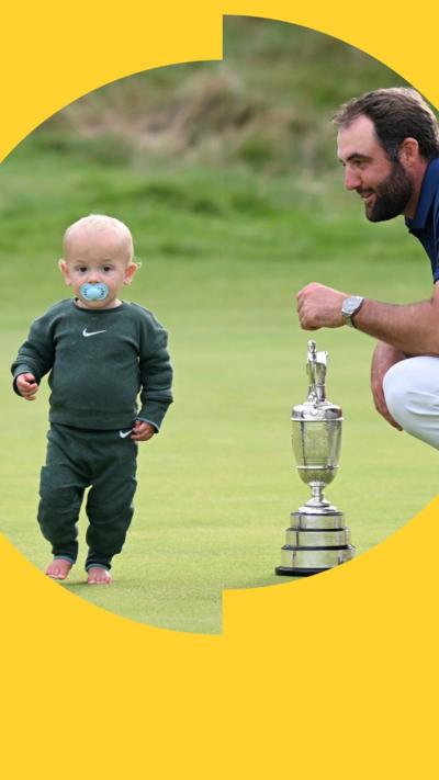 Scottie Scheffler of the United States celebrates with his son Bennett on a green at Portrush