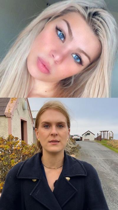 Above: Claire Leveque - a young woman with long blonde hair with her head tilted to one side. Below: BBC reporter Pip Murrison - a woman with hair tied back and dark coat