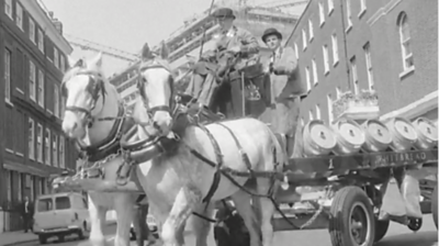 Shire horses pulling a car laden with beer barrels