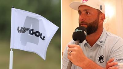 LIV golf flag and a still of Masters 2023 champion Jon Rahm