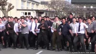 Pupils at the North Palmerston Boys' High School performing a Haka in memory of a