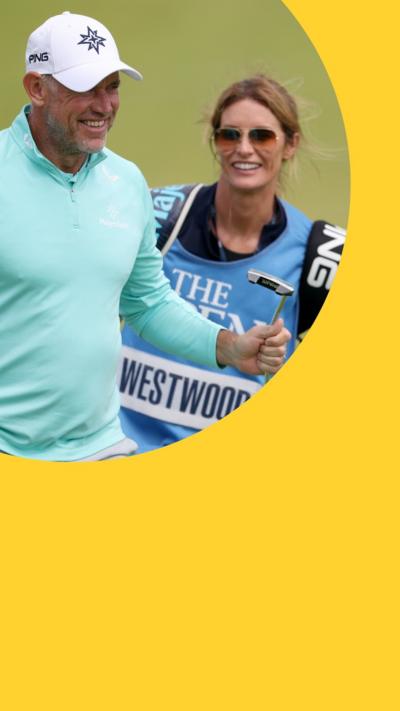 Golfer Lee Westwood and caddie Helen Storey on a golf course