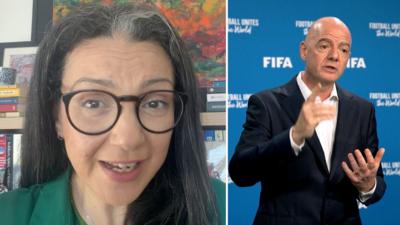 A woman with glasses can be seen on the left, while a bald man in a suit speaks on the right.