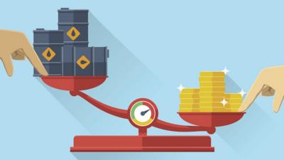 Weighing scales carrying oil barrels and money