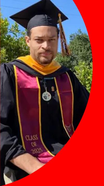 Cole Tomas Allen is wearing his black graduation cap and gown with a yellow and purple scarf.