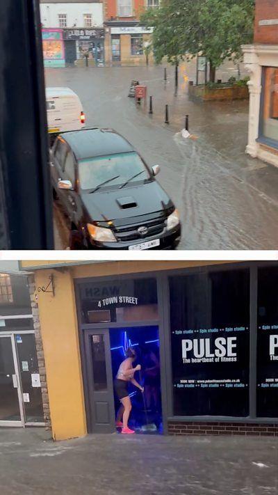 Split image - a flooded street with cars parked in it and a woman sweeping water away from a business.