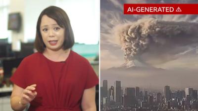 Split screen of BBC reporter Tessa Wong wearing red on the left and AI-generated eruption of Mount Fuji erupting