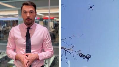 composite image showing BBC correspondent Barry Caffrey on left side and drone carrying e-bike on the right side
