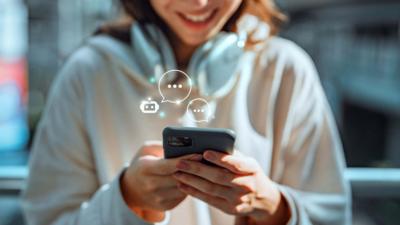 Woman wearing white sweatshirt looking at her mobile phone