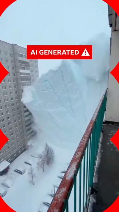 A screenshot from an AI-generated video showing a wall of snow collapsing between two apartment blocks. A red label on top says 'AI generated'