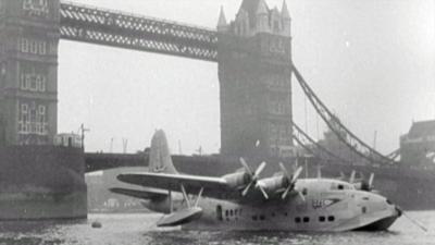 BOAC's flying boat on the River Thames near Tower Bridge.