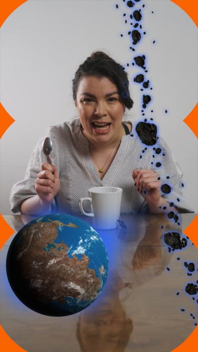 Presenter Cecilia Reed with graphics illustrating planet Earth and an asteroid belt.