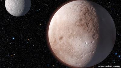 Dwarf planet Pluto (r) with its moon, Charon, (l)