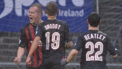 Crusaders Jordan Owens celebrates his goal against Ballymena United