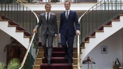 French economy minister Emmanuel Macron, left, with Mr Osborne