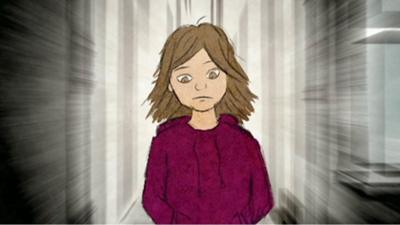 A cartoon image of a girl with brown hair and brown eyes, wearing a red hoodie, looks down.