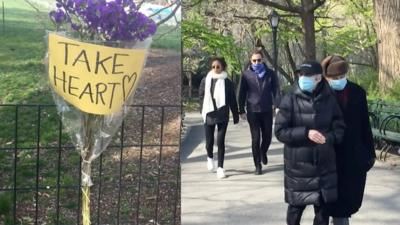 BBC Reporter Tom Brook visits Central Park, encountering a "huge" mobile morgue and pandemic-weary New Yorkers.