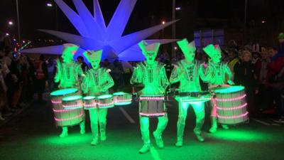 Drummers perform at the Londonderry Halloween carnival parade