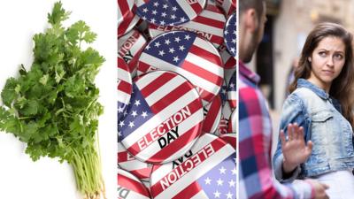 Coriander, 2016 US Presidential campaign badges and a woman being pestered on the street.