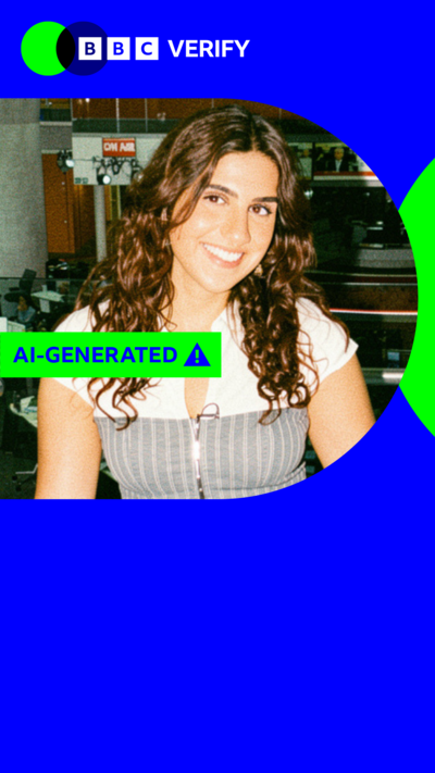 An altered image of BBC reporter Aisha Sembhi. The photo has a warning label placed over it and is imposed over the BBC Verify colours and branding. 