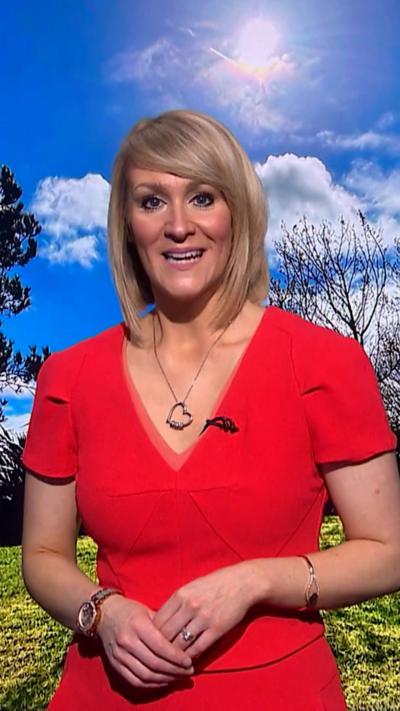 Woman with shoulder length blonde hair in red dress in front of sunny sky.
