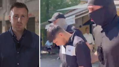 Composite image of Ben in Athens and Sharif being walked out of court by police
