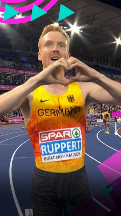 Frederik Ruppert of Germany gives the crowd a hand-heart to celebrate winning at the European Championships.