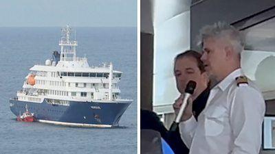 Split image with MV Hondius on one side and captain of the ship on other