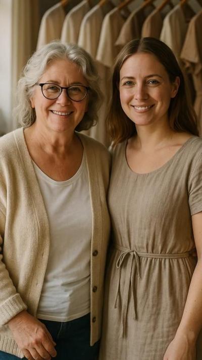Two women - one older, one younger - smiling into camera. They are wearing beige clothes.