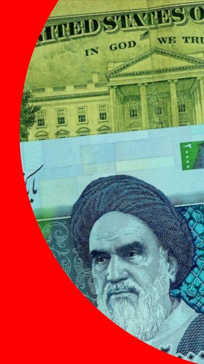 An Iranian rial note with a US dollar note