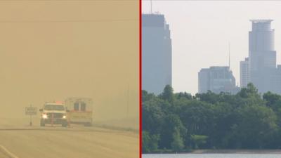 Split screen of yellow skies on the left and hazy skies on the right over a city