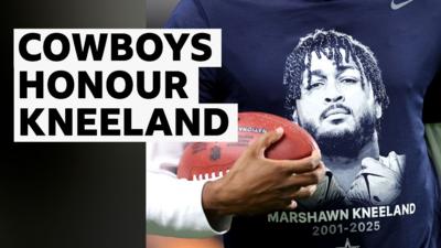 Slate with 'Cowboys honour Kneeland' as text over image of Marshawn Kneeland