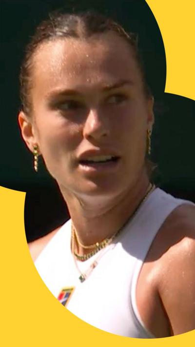Aryna Sabalenka looks to the right - she has brown hair pulled back and wears a white vest top