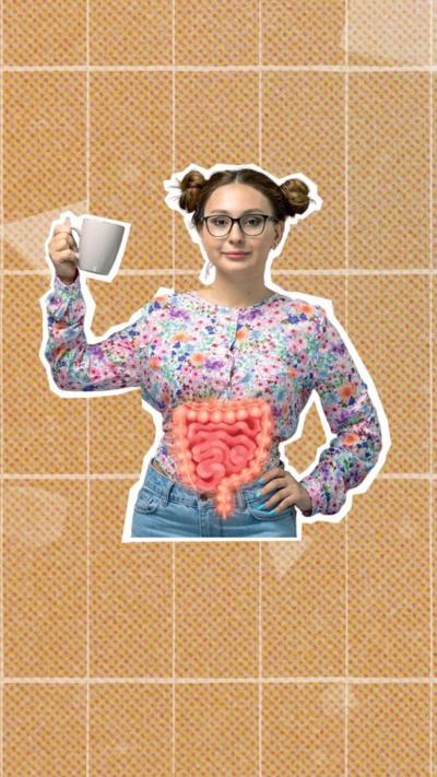 A woman holding a cup of coffee. We see her insides
