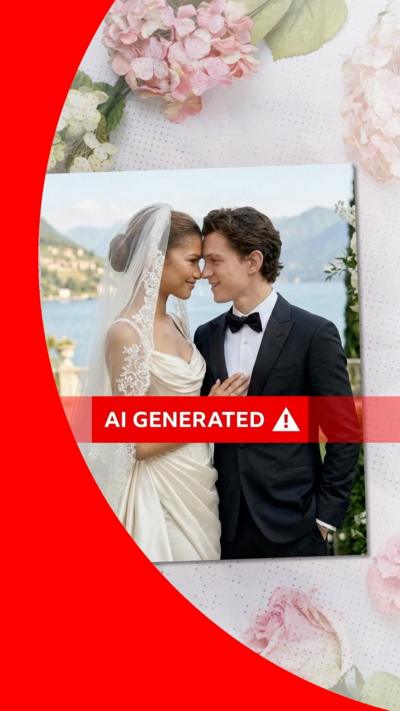 Zendaya in a wedding dress and Tom Holland in a suit, with a big red letters across the middle saying 'AI generated'
