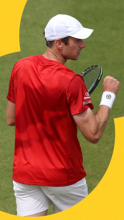 Botic van de Zandschulp celebrates match point against GB's Harry Wendelken at Queen's