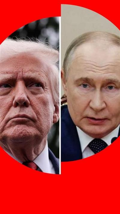 Split screen with Donald Trump (L) and Vladimir Putin (R)