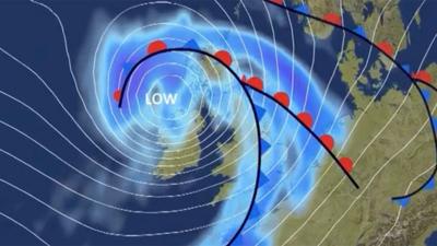 Weather map graphic showing how low pressure and Storm Éowyn is expected to hit the UK