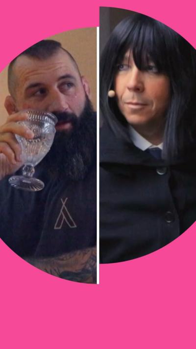 Composite image of Joe Marler looking to the side while holding a wine glass and Michael McIntyre in a black wig, dark coat and fingerless black gloves